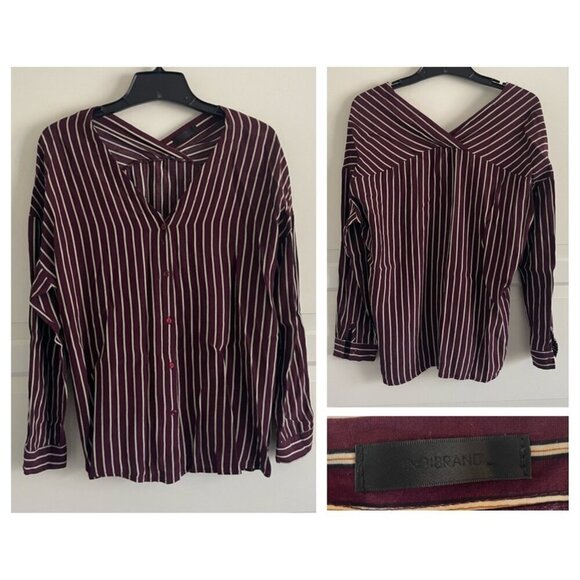 Indibrand Tops - Indibrand Maroon Red White Striped Button Down Shirt Top 20442